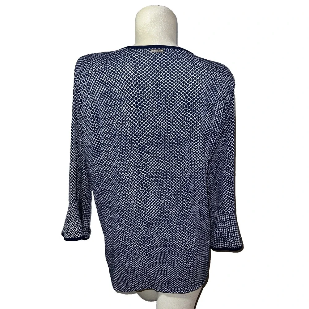 Michael Kors Navy White Geometric Snakeskin Print Bell‎ Sleeve Blouse Top XL
